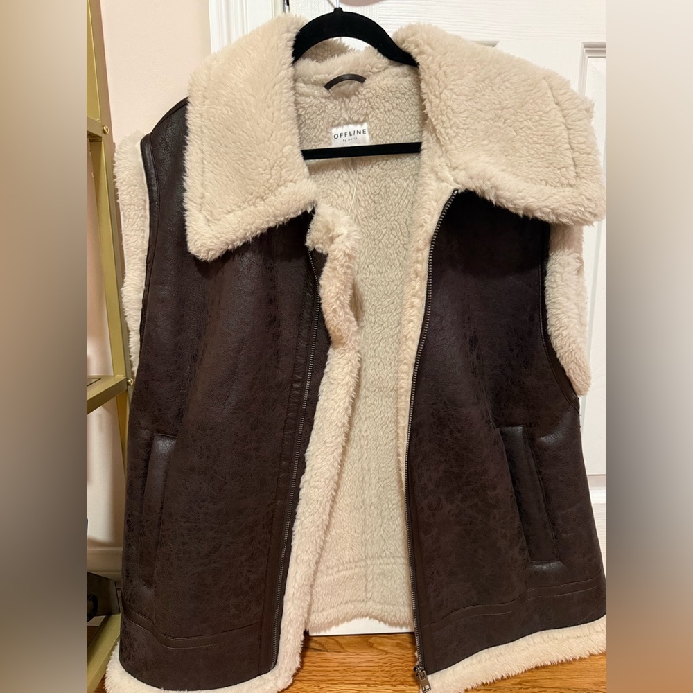 aerie Brown Faux-Shearling Vest with Cream Lining